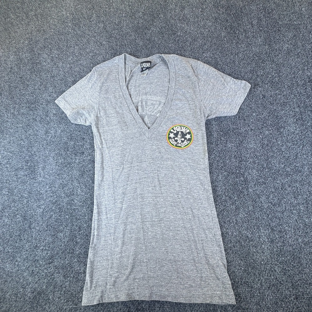Laguna Surf &‎ Sport T-Shirt Womens 2XS Heather Gray Logo Graphic V-Neck Casual